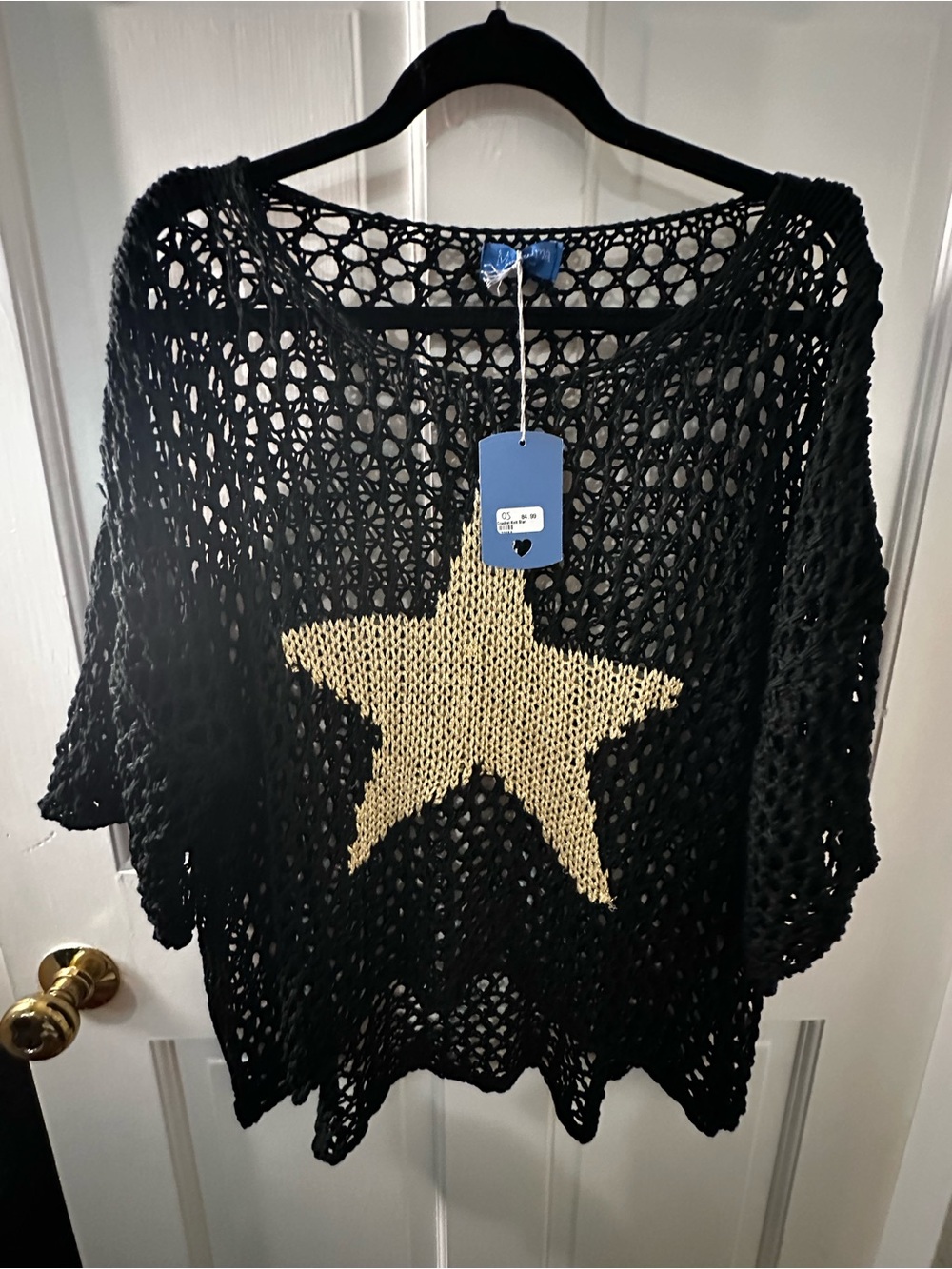Black Open-Knit Crew Sweater with Gold Star Accent